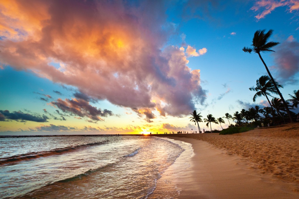 Sunset At Tropical Poipu Beach Of Kauai, Hawaii
